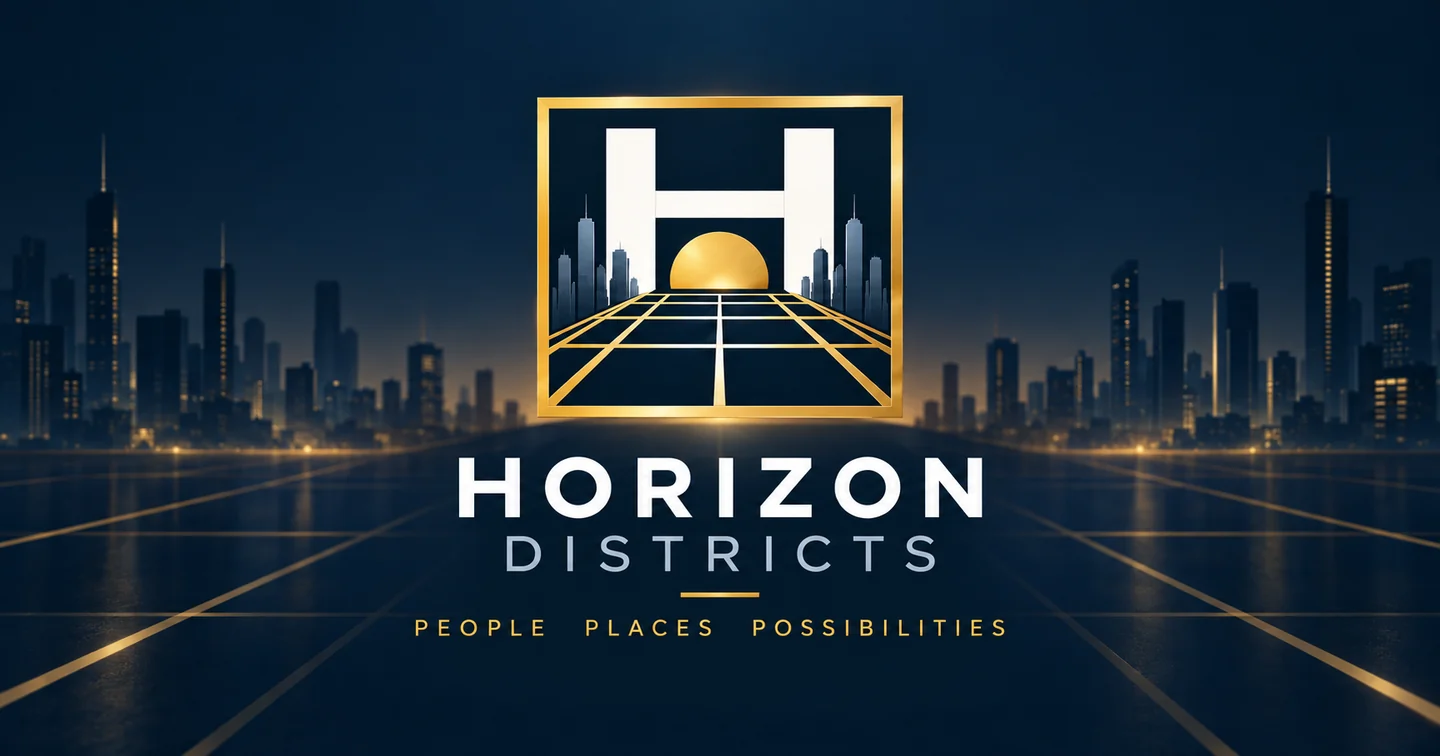 Horizon Districts: a complete H above a rising sun, city skyline and perspective district grid.